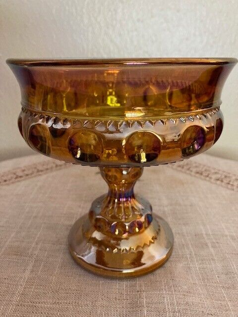 Indiana Glass Compote Kings Crown Thumbprint Pedestal Candy Dish Iridescent Gold