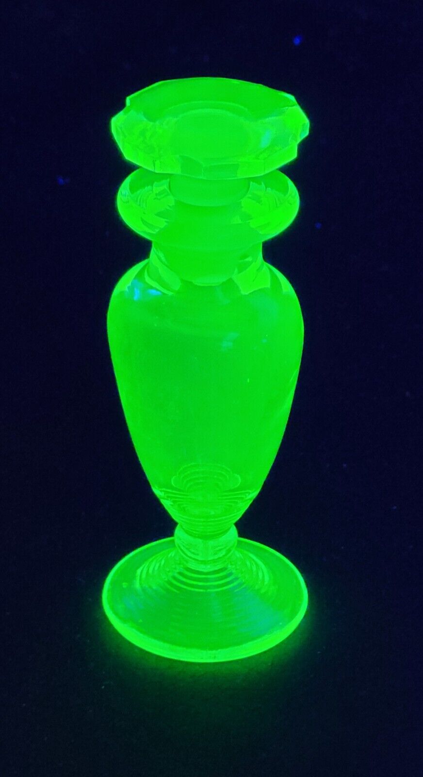 Vintage Vaseline Green Depression Glass Perfume Bottle with Stopper Empty Glows