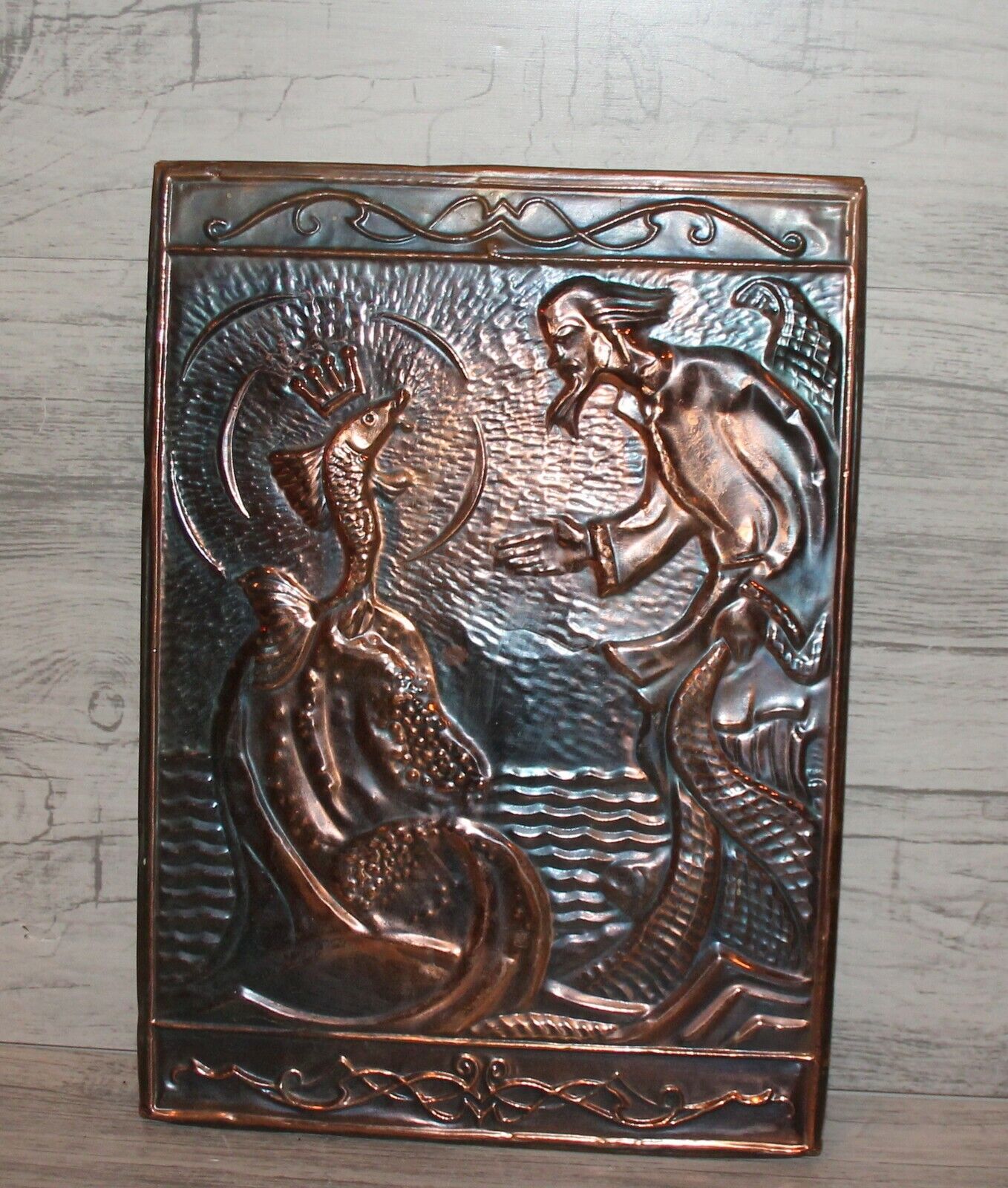 Vintage copper wall hanging plaque The Tale of the Fisherman and the fish