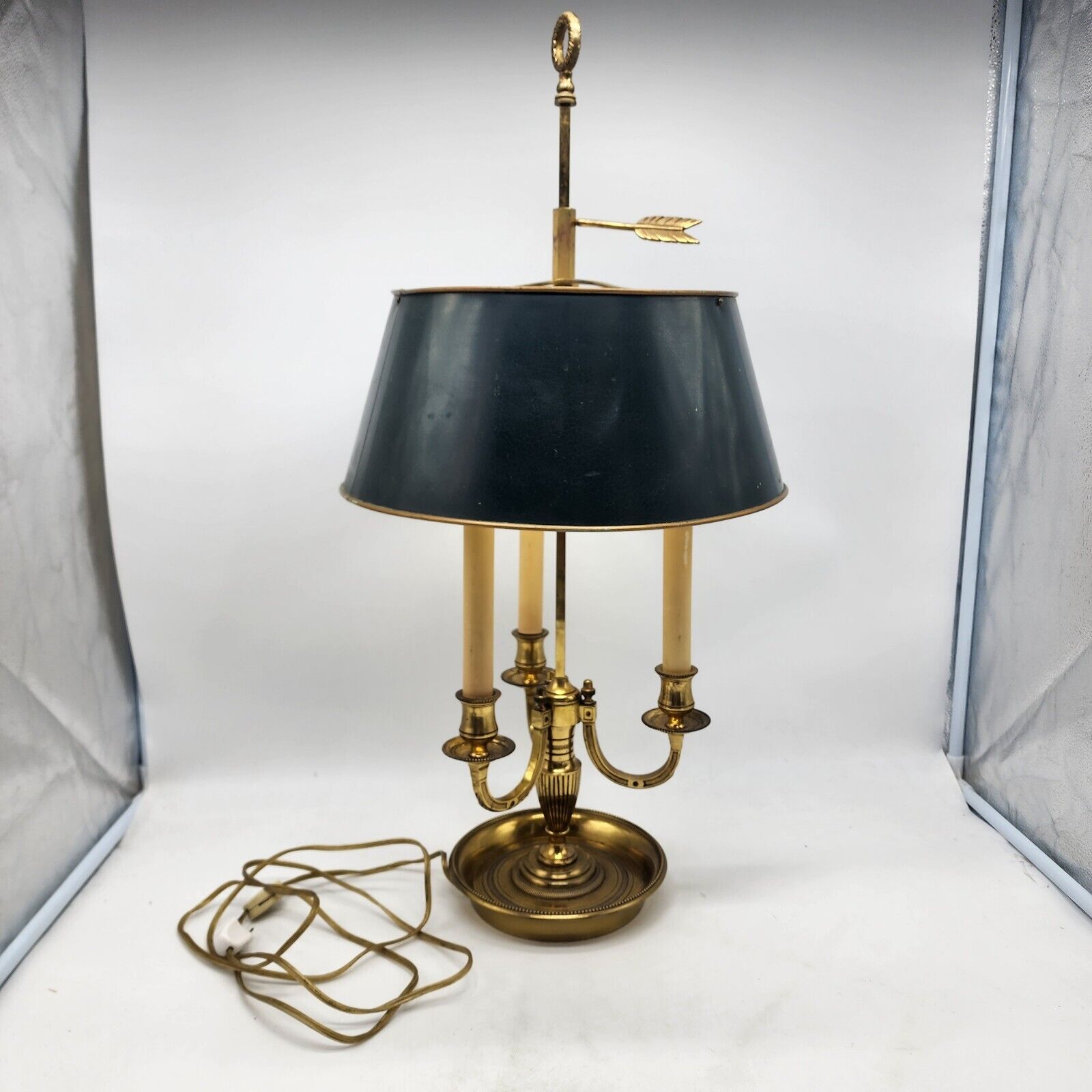 Antique Ornate Brass Tole Bouillotte French Electric 3 Stick Table Lamp RARE 