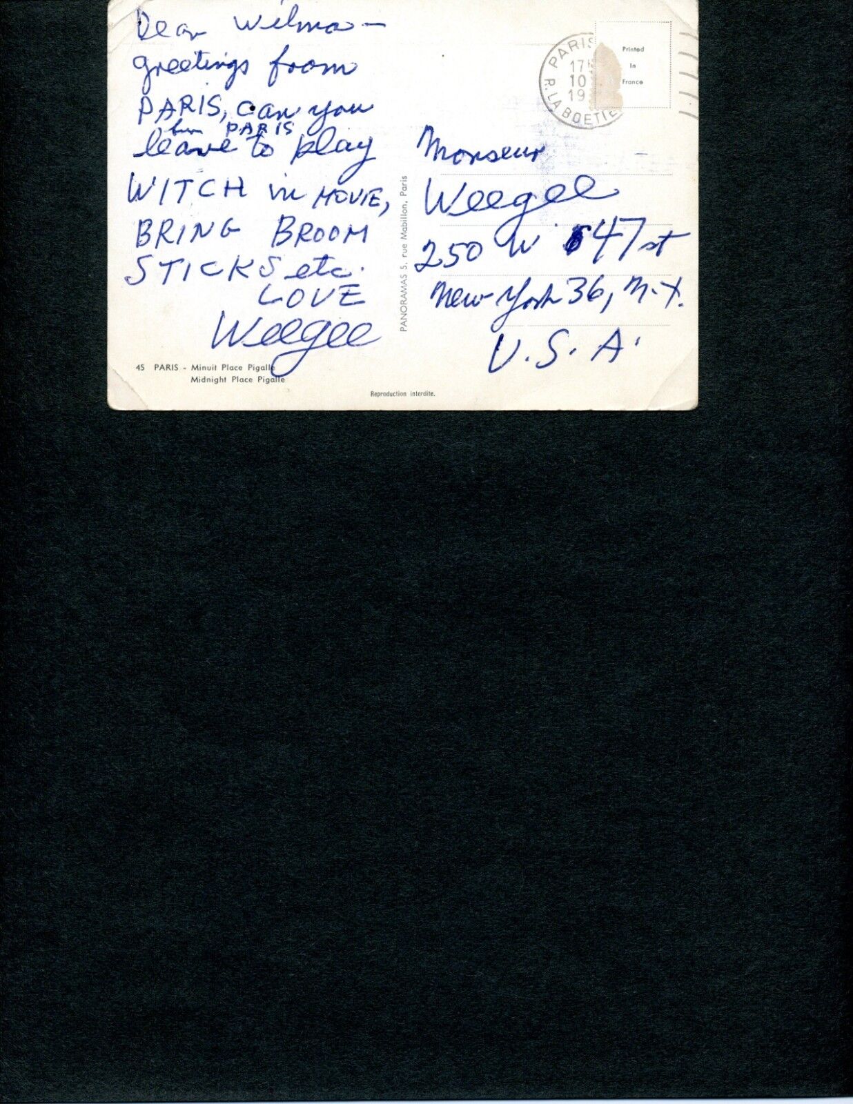 WEEGEE (ARTHUR FELLIG) HANDWRITTEN NOTE SIGNED TWICE ABOUT MOVIE ROLE, PHOTO