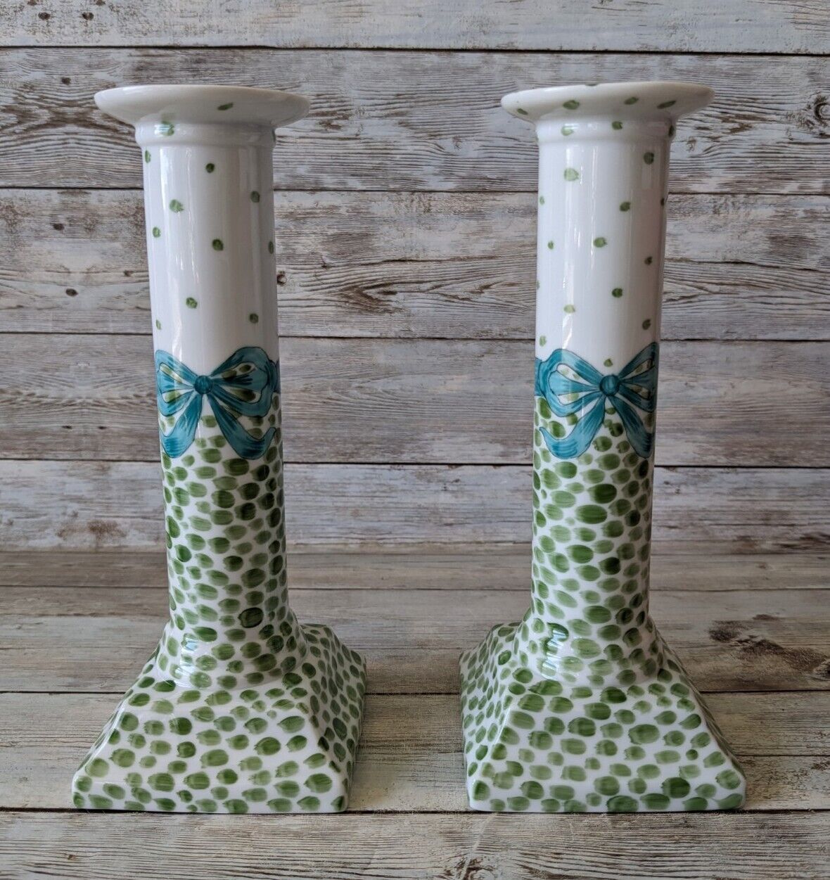 Vintage Polka Dots And Bows Porcelain Candlesticks Hand Painted In USA