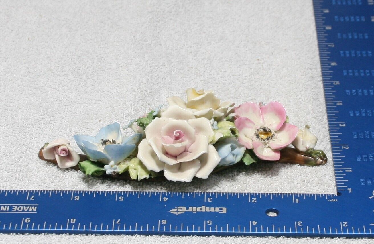RARE Antique Pink & Yellow Blue Roses Flowers Branch Floral Capodimonte Style 7”