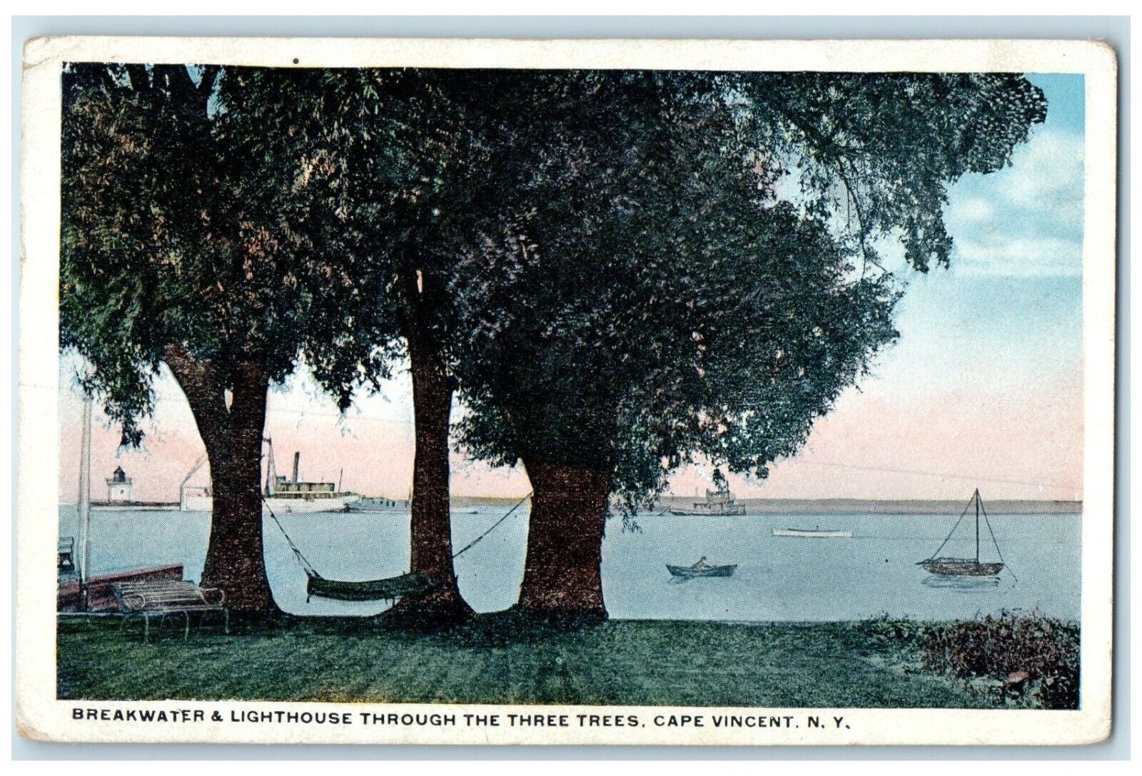 1920 Breakwater Lighthouse Through Three Trees Cape Vincent New York NY Postcard