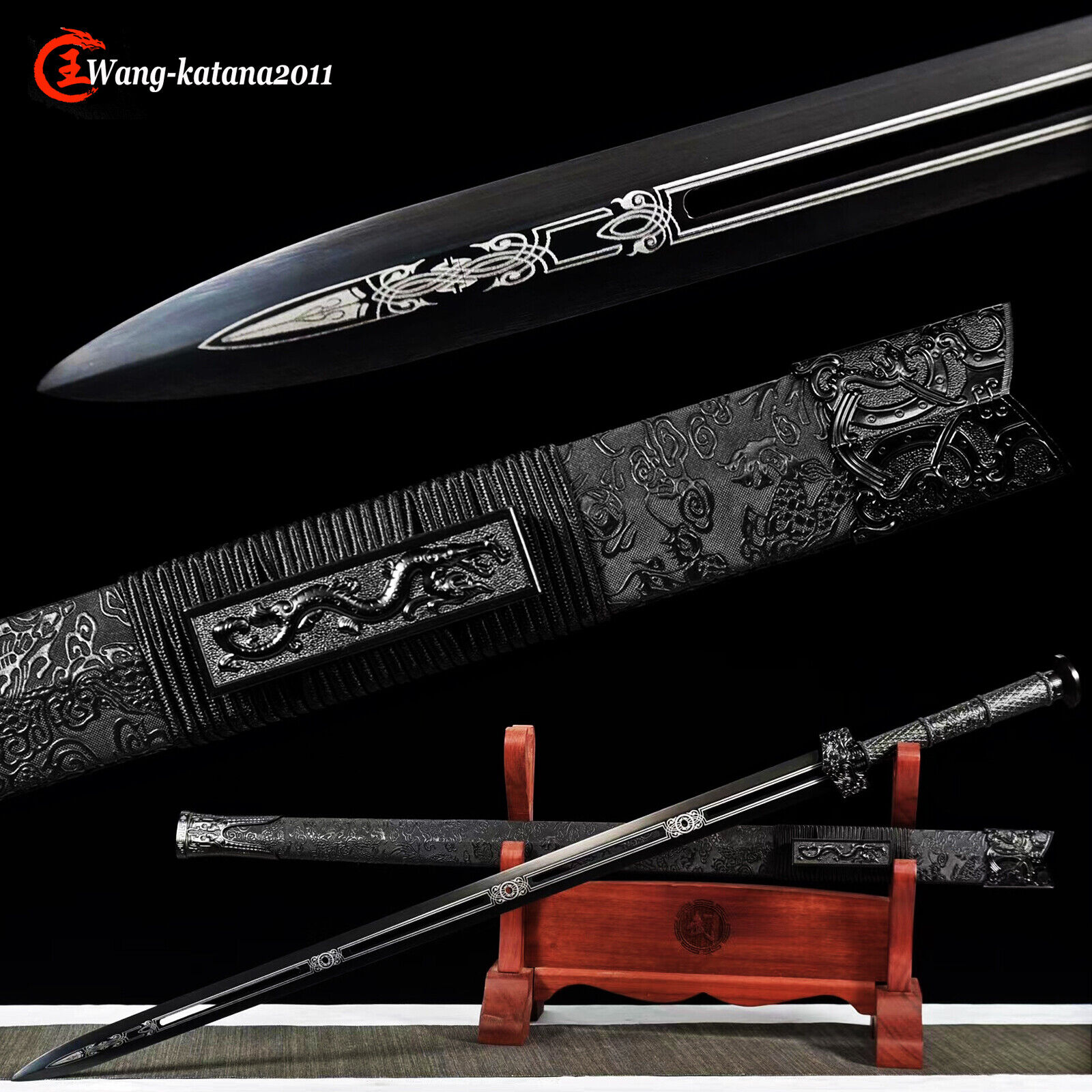 43''Black Dragon Chinese Han Dynasty Jian 1095 Steel Double Edge Straight Sword