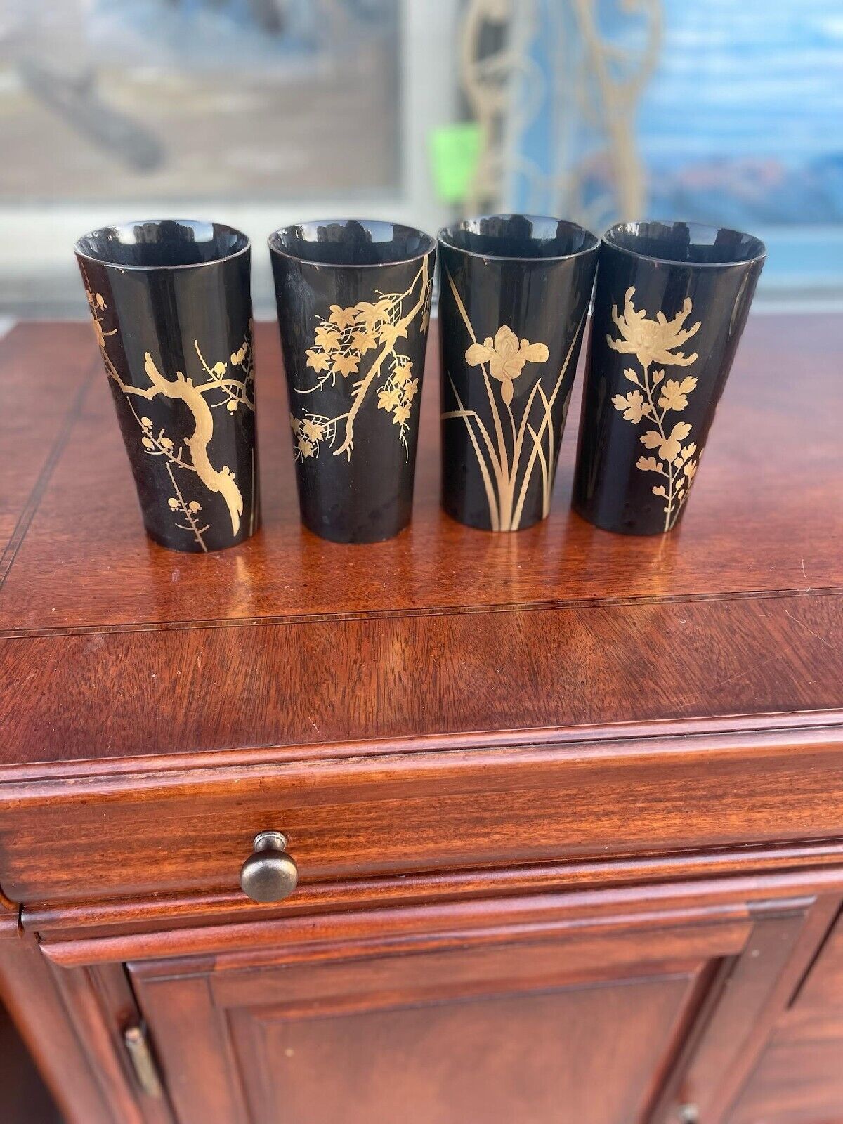 vintage black lacquer Asian Cups Glasses Black Gold Set Of Four Floral