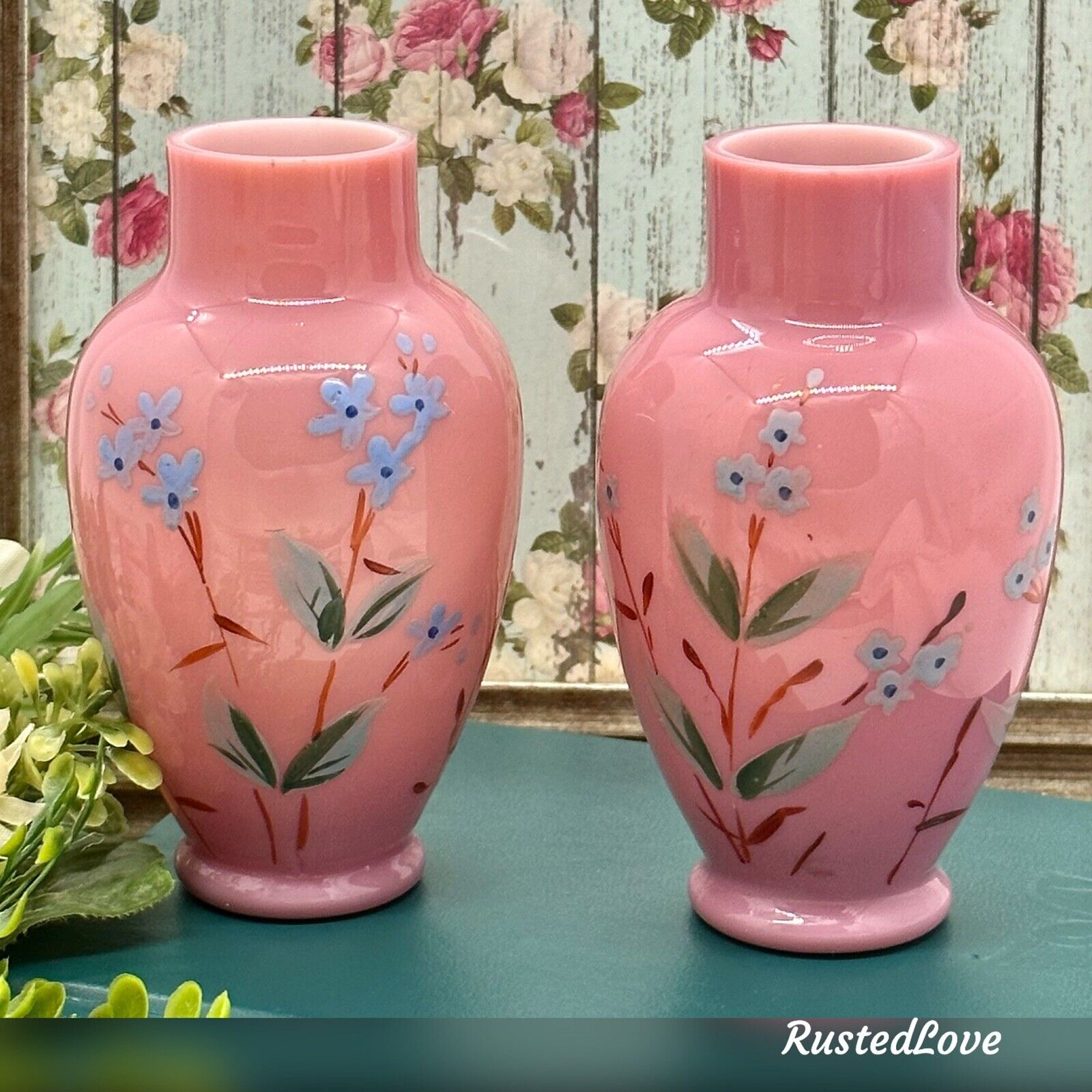 Continental Bristol Pink Hand Painted Floral Matching Vases Vintage 19th Century