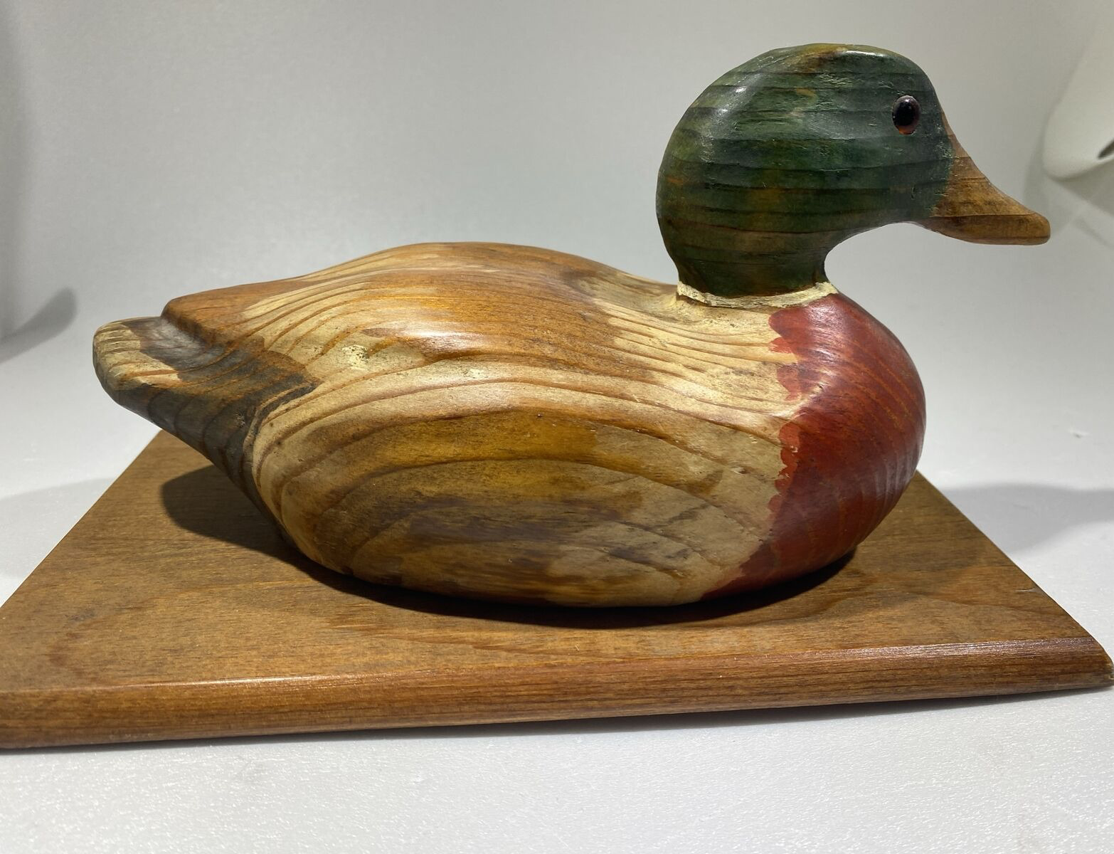 Waterfowl  Wooden Carved Duck Glass Eyes  on Wooden Base approx 10\