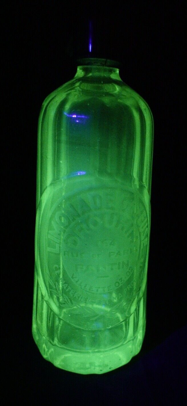 Antique french green vaseline uranium seltzer bottle glass France Paris limonade