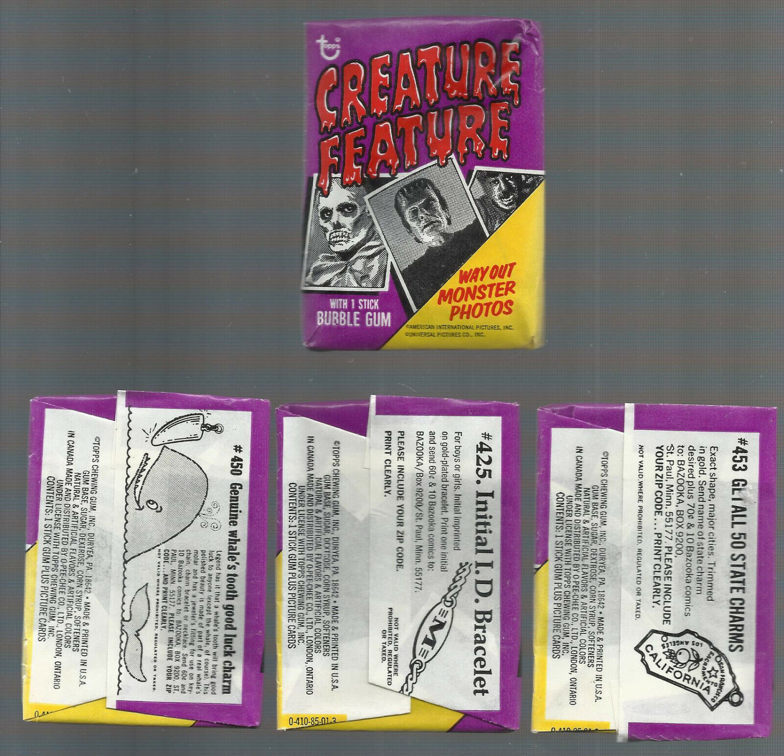 1973 TOPPS CREATURE FEATURE 3 UNOPENED PACKS WITH 3-DIFFERENT WRAPPER VARIATIONS