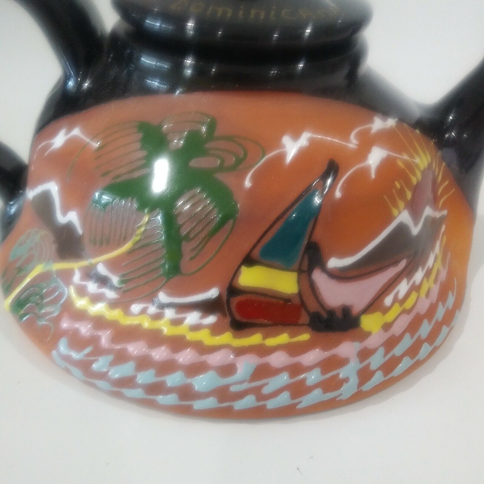Republica Dominicana Teapot Colorful Glazed Terra Cotta Raised Glaze Design RARE