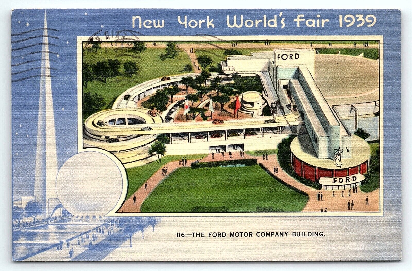 1939 NEW YORK WORLD'S FAIR THE FORD MOTOR COMPANY BUILDING LINEN POSTCARD P1824