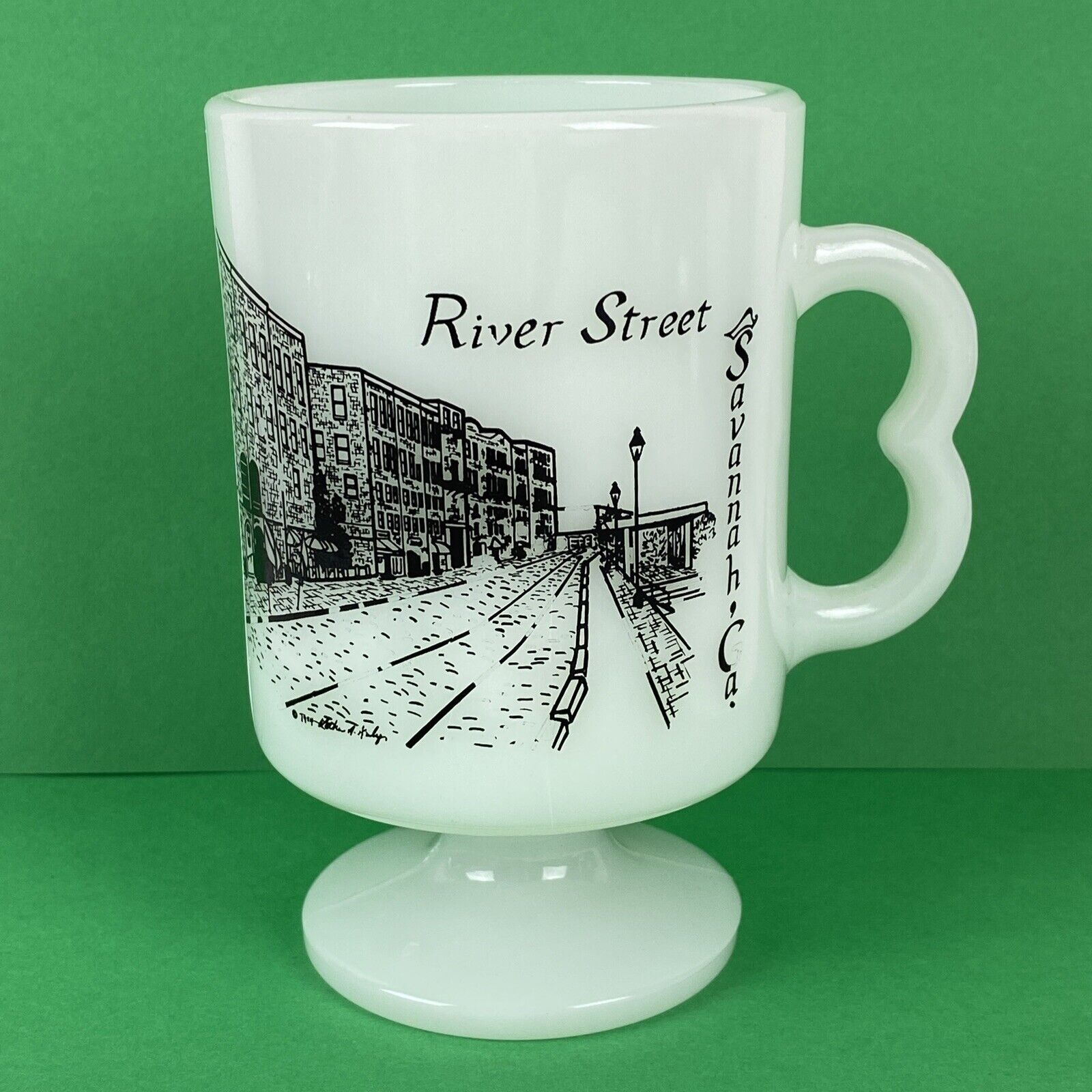 Vintage River Street Savannah Georgia Footed Milk Glass Mug