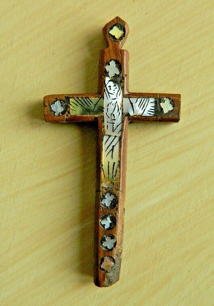 1700'S ANTIQUE PRIMITIVE  WOOD CROSS PECTORAL CRUCIFIX ROSARY  W MOTHER OF PEARL
