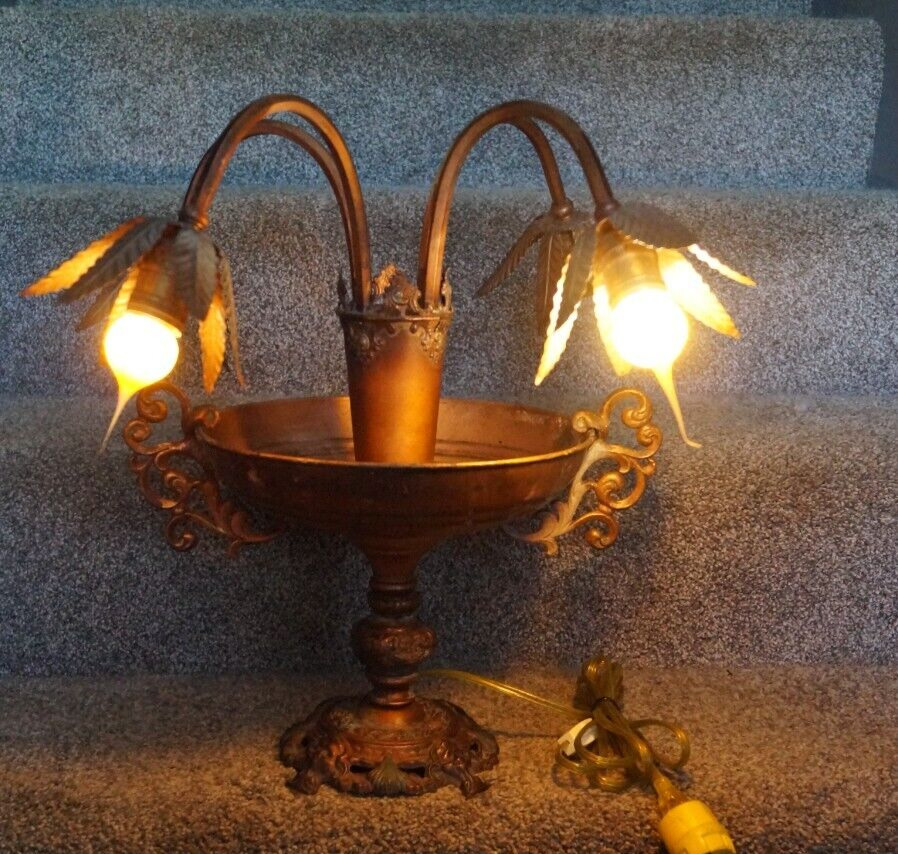 Antique 1905 - 1920 Art Nouveau Metal URN & LEAVES Figural Lamp - Arts & Crafts