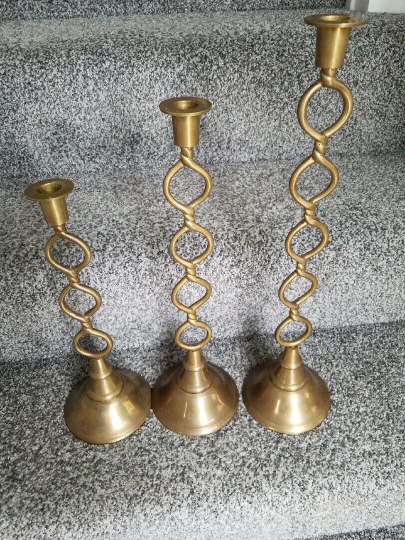 Vintage Twisted Stem Brass Candle Holders, Set of 3