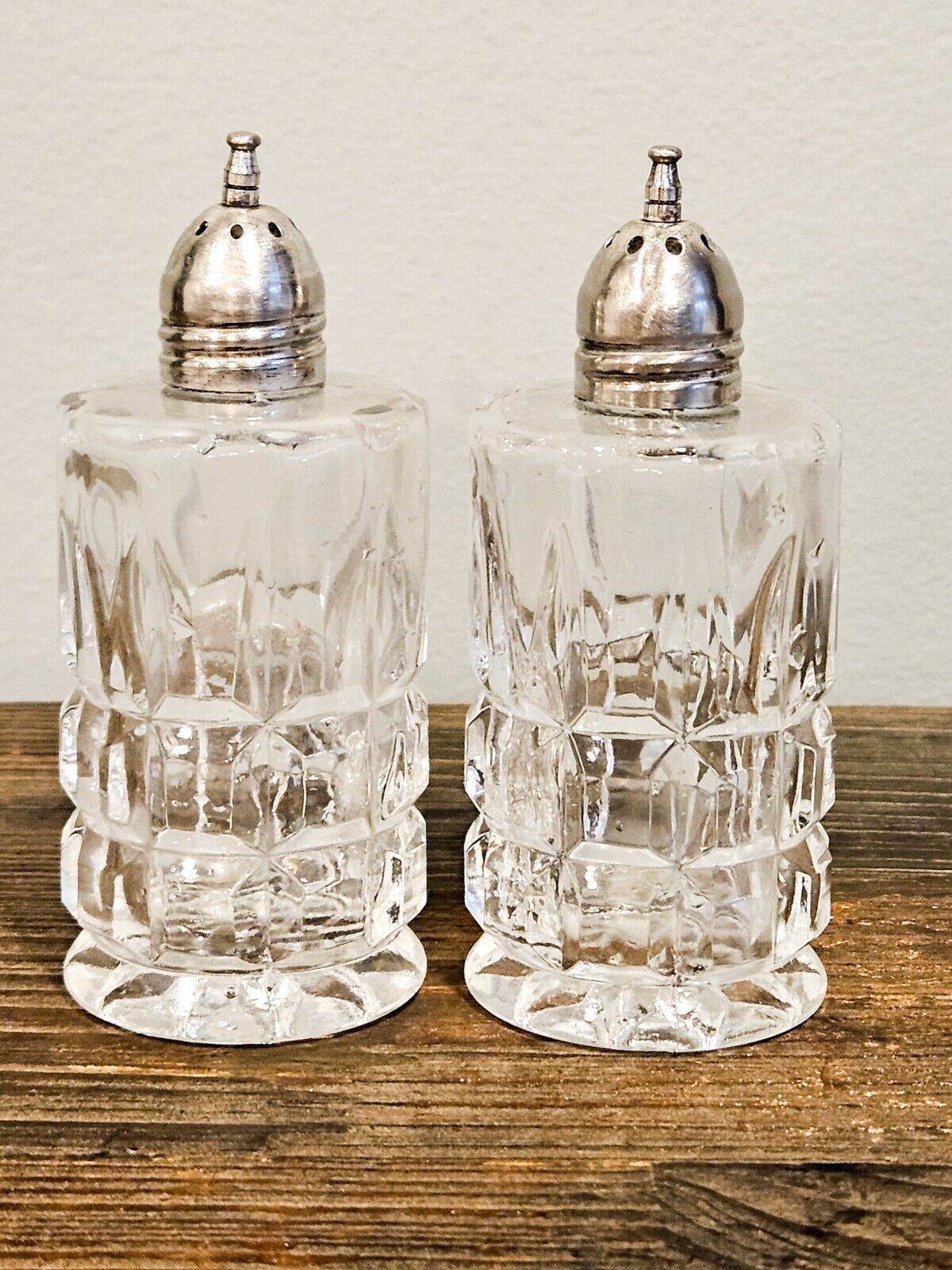 Vintage Leonard Crystal Salt And Pepper Shakers With Silver Plated Lids