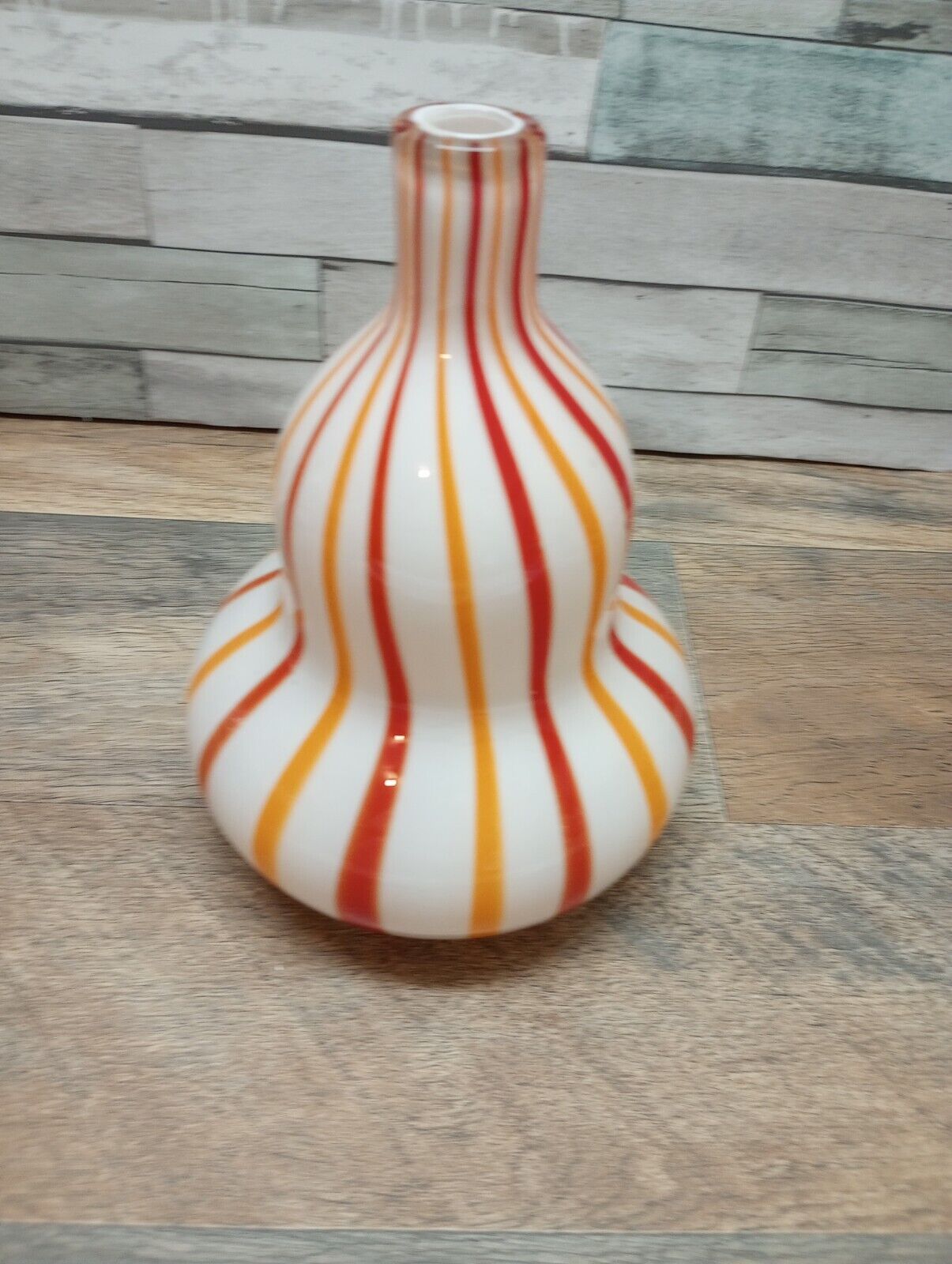 Vintage Murano Cased Glass Gord Vase in  Vertical Stripes Orange-Red Pattern