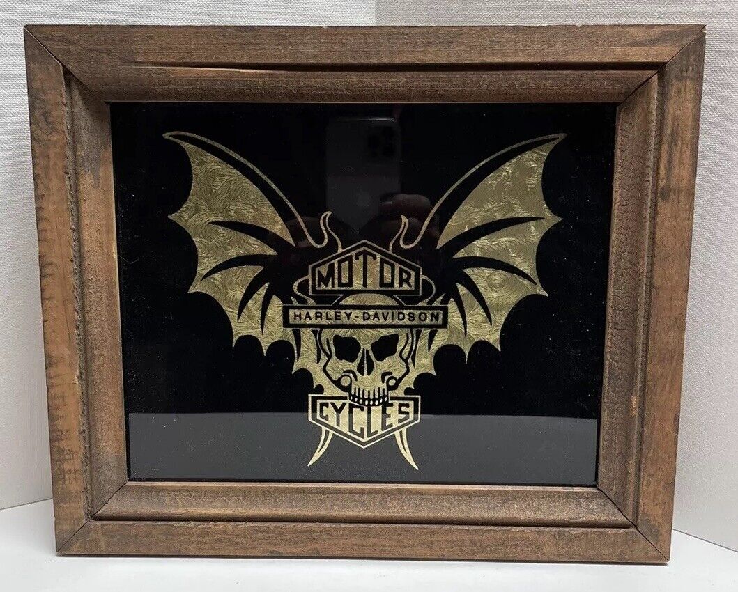Vtg Harley Davidson Motorcycles Batwing Skull HD Foil Art Wall Decor  Gold Black