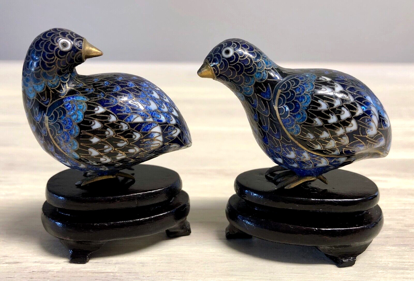 Vintage Chinese Cloisonné Quail Partridge Figurines with Stands