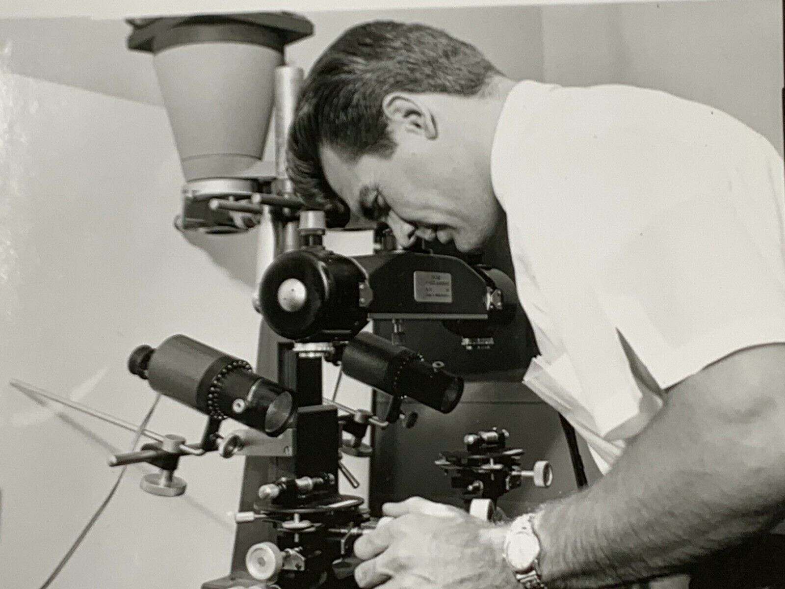 Bm) Found Photograph Artistic Handsome Man Looking Through Big Microscope 
