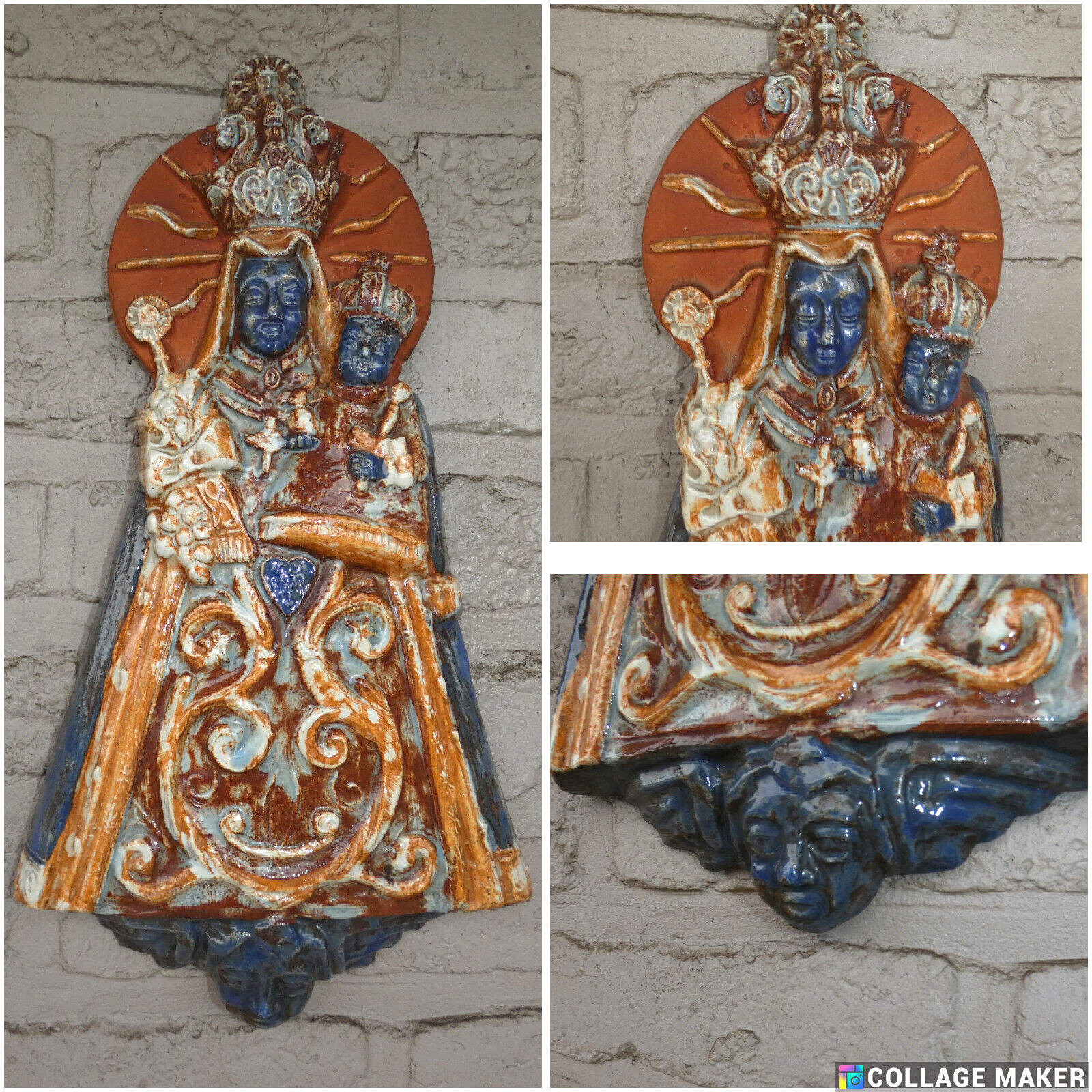 Vintage large  1950 Flemish ceramic Wall madonna plaque angel marked rare