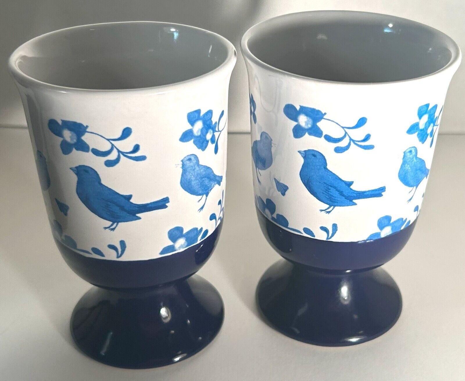 BUTTERFLY BIRD Cobalt Blue  Footed Pedestal Mugs VINTAGE EXCELLENT CONDITION