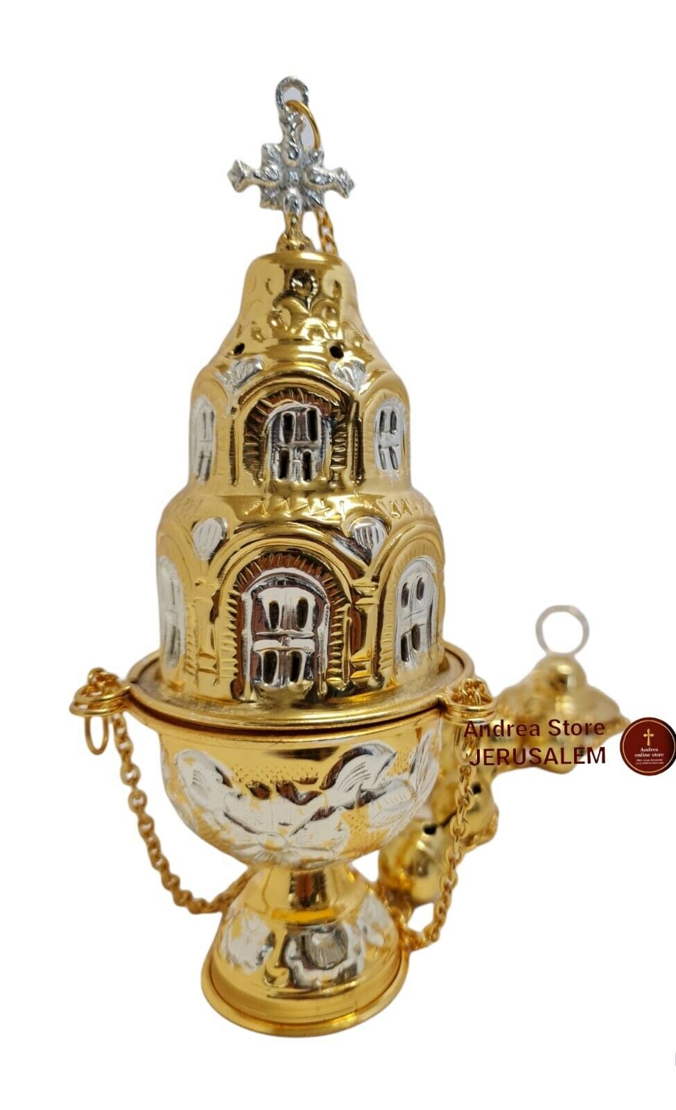 Big Orthodox Incense burner for church 30cm from Jerusalem colour white and gold