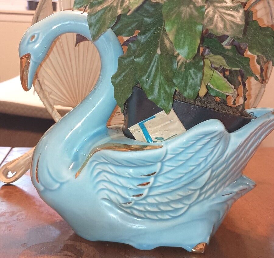 MCM Ceramic Turquoise Large Swan Planter with Gold Accents
