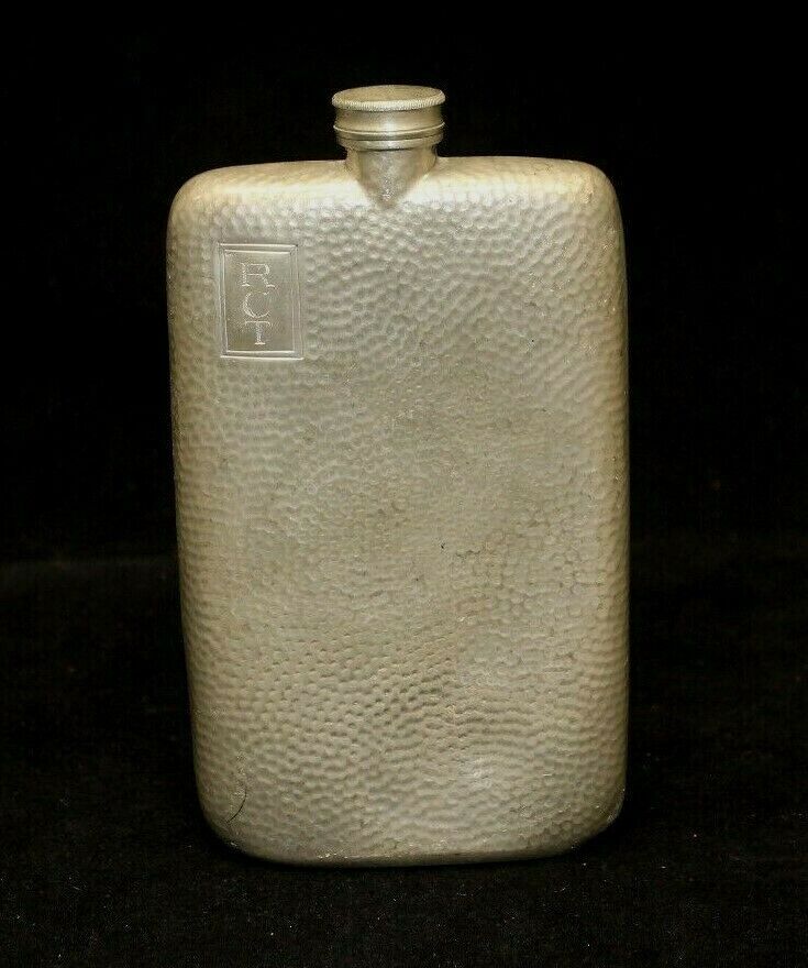 ANTIQUE PEWTER FLASK MADE IN ENGLAND CIRCA LATE 1890s ENGRAVED \