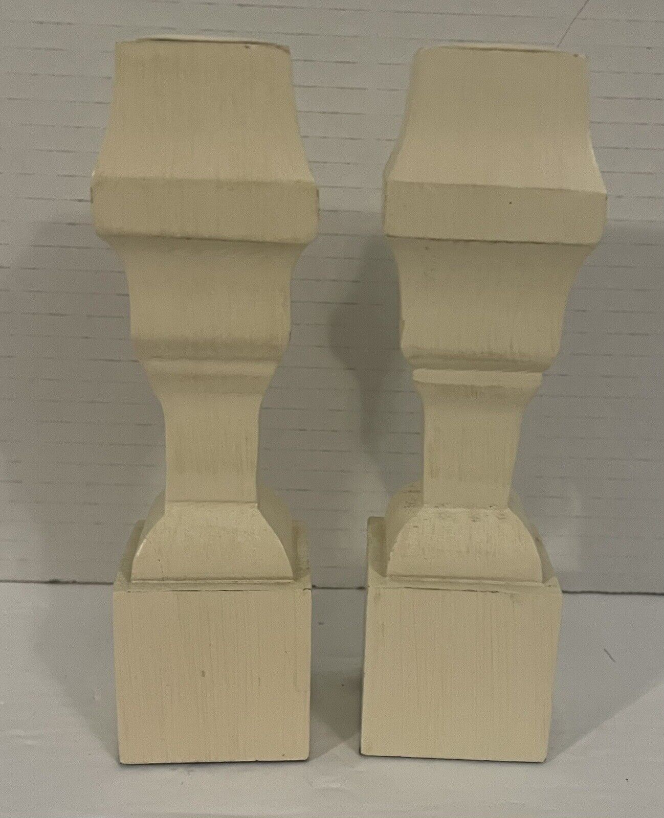 Vintage Pair Wooden Square Taper Candleholders Cream Distressed 6 1/4”H x 1 3/4”