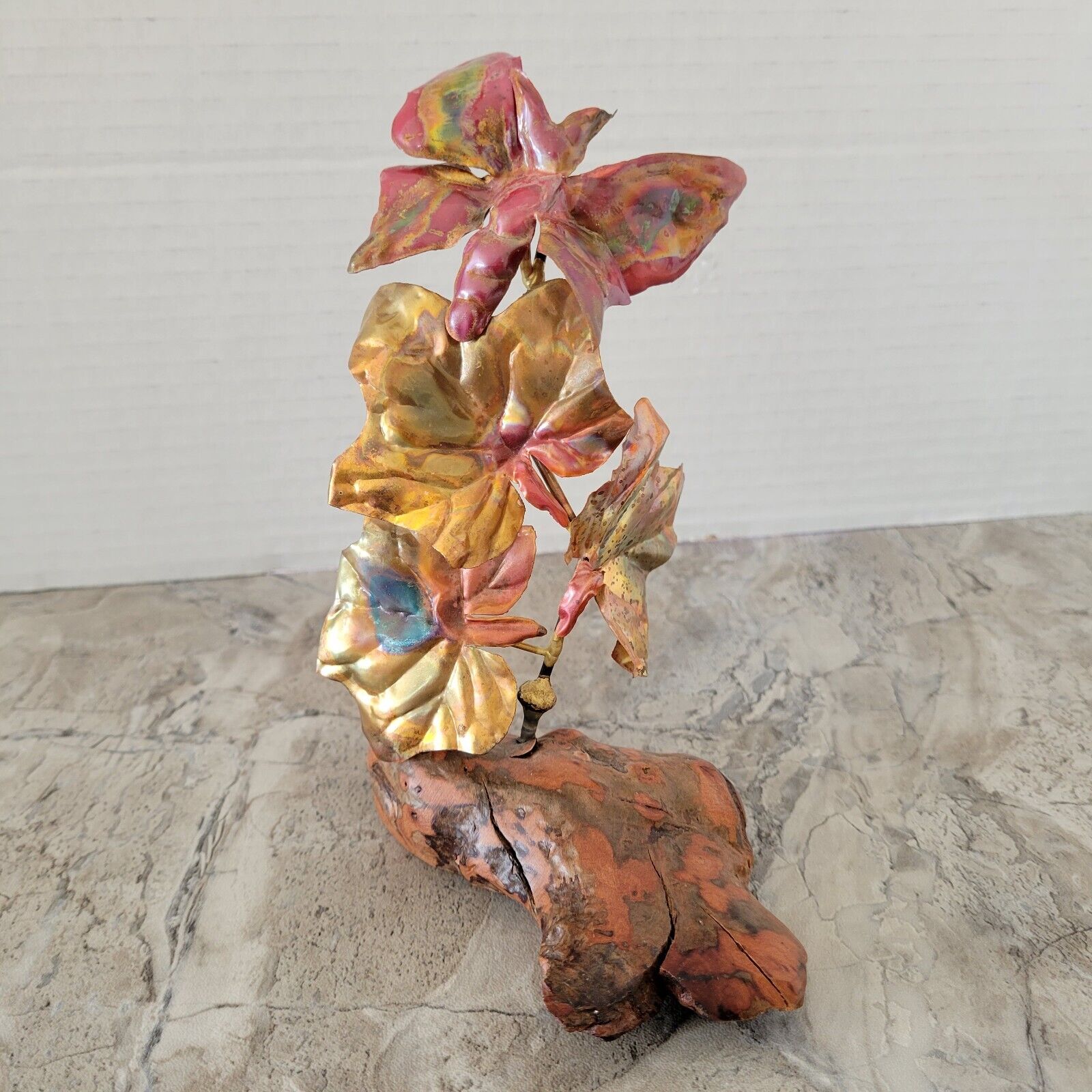 Vintage Copper & Brass Butterfly Sculpture with Leaves On Wooden Base.