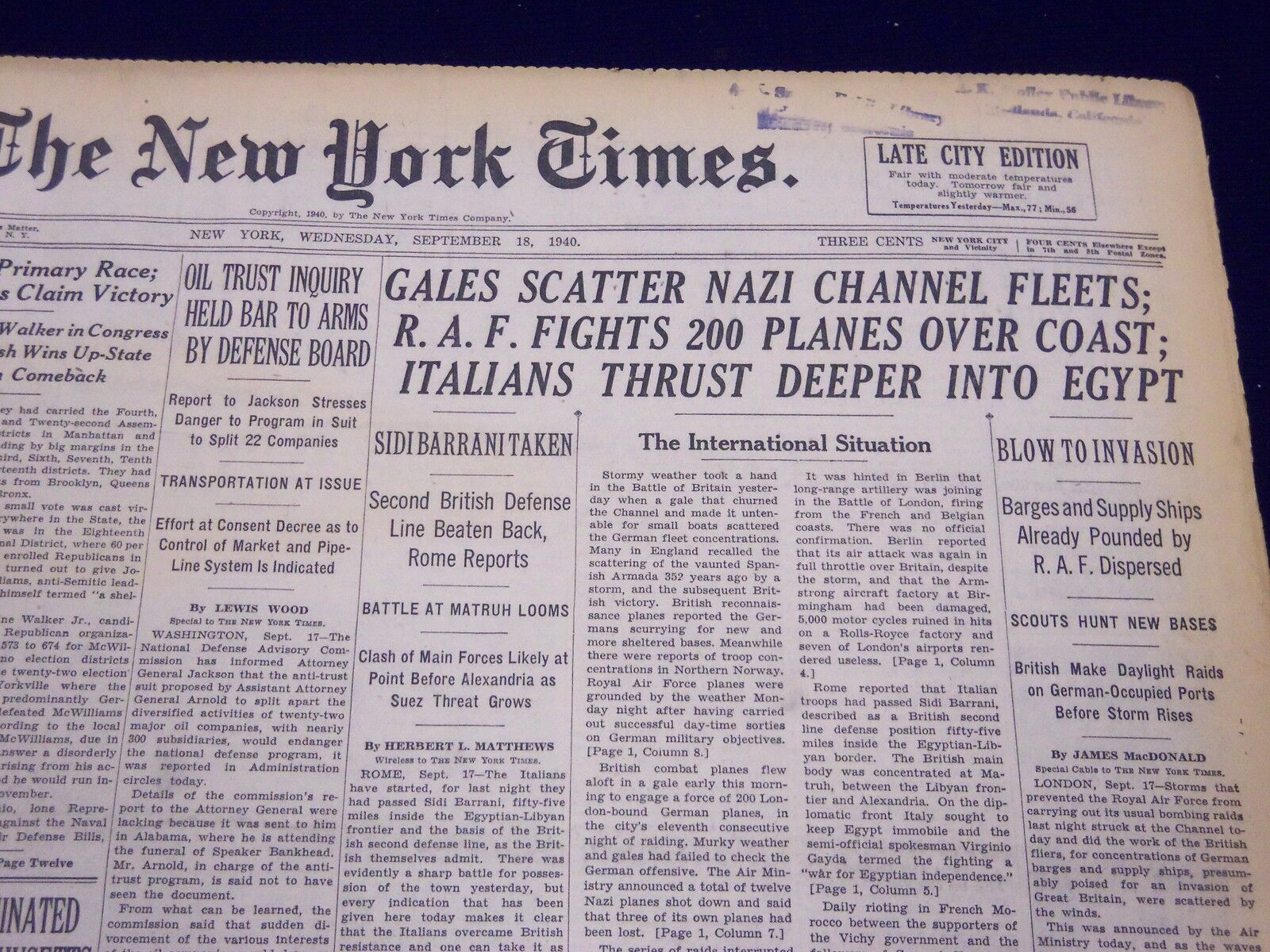 1940 SEPTEMBER 18 NEW YORK TIMES - GALES SCATTER NAZI CHANNEL FLEETS - NT 182