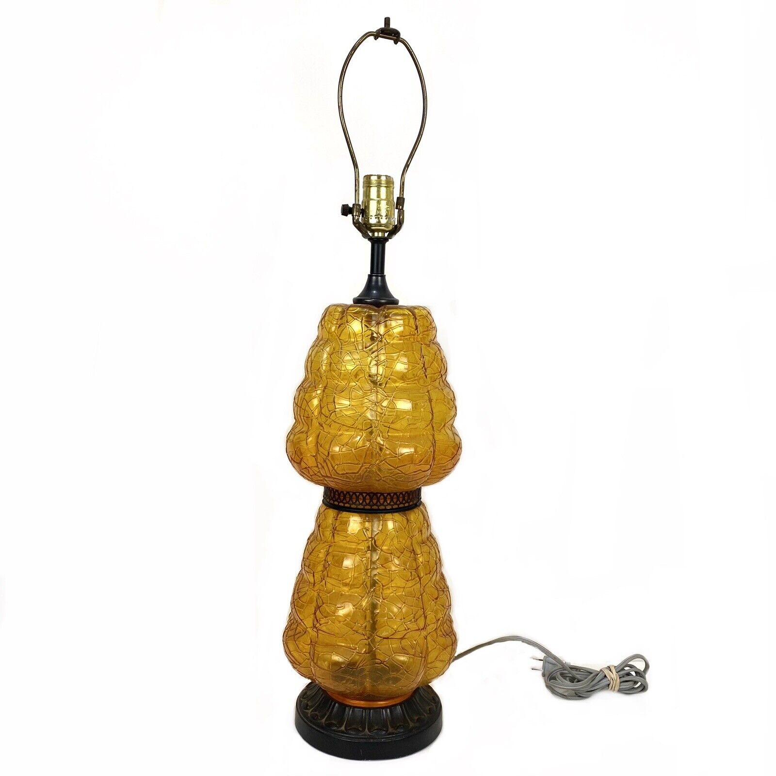 Two Piece Body Amber Crackle Glass Table Lamp MCM 9766