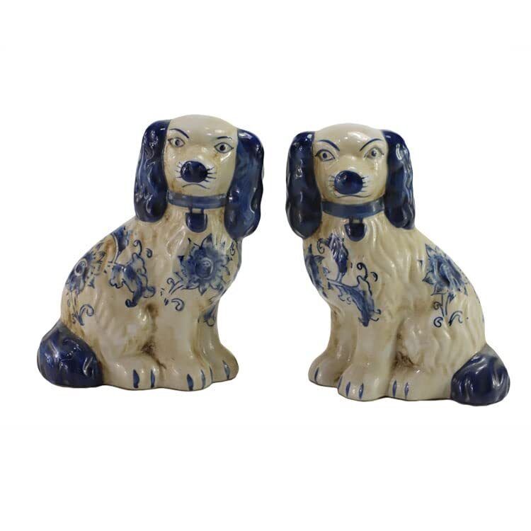 Hand Painted Blue and White Porcelain Dog Pair of Small Figurines Home Dcor
