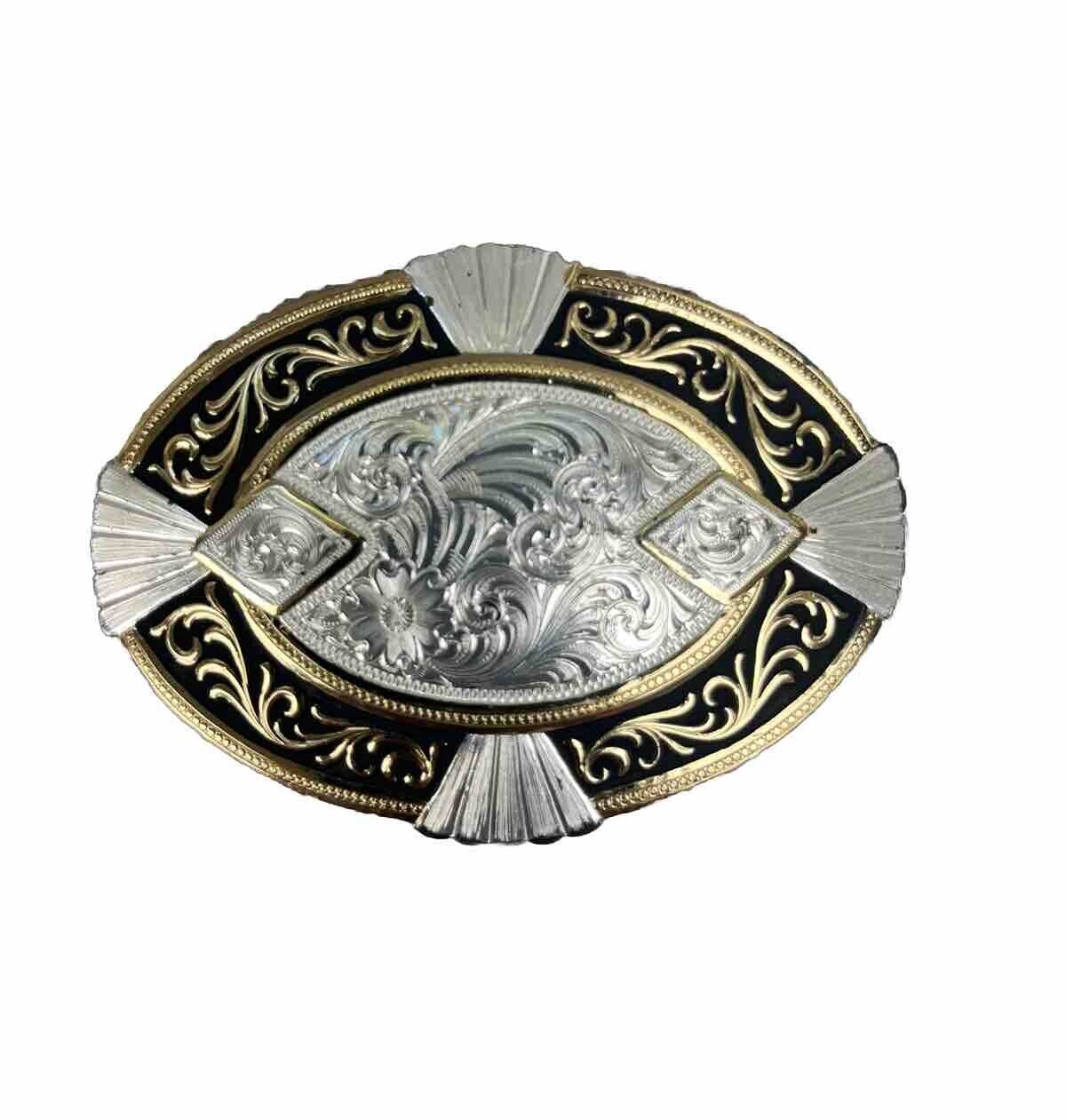 Montana Silversmiths Silver Plate Oval Floral Cowboy Buckle Silver, Gold, Black