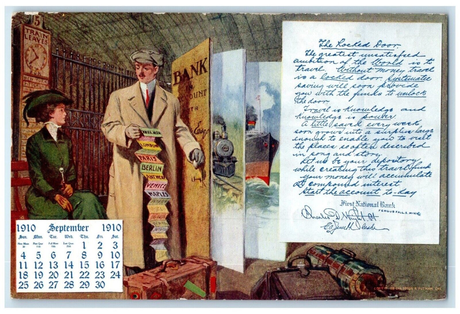 1910 First National Bank Calendar Hand Drawn Art Doodle Posted Antique Postcard