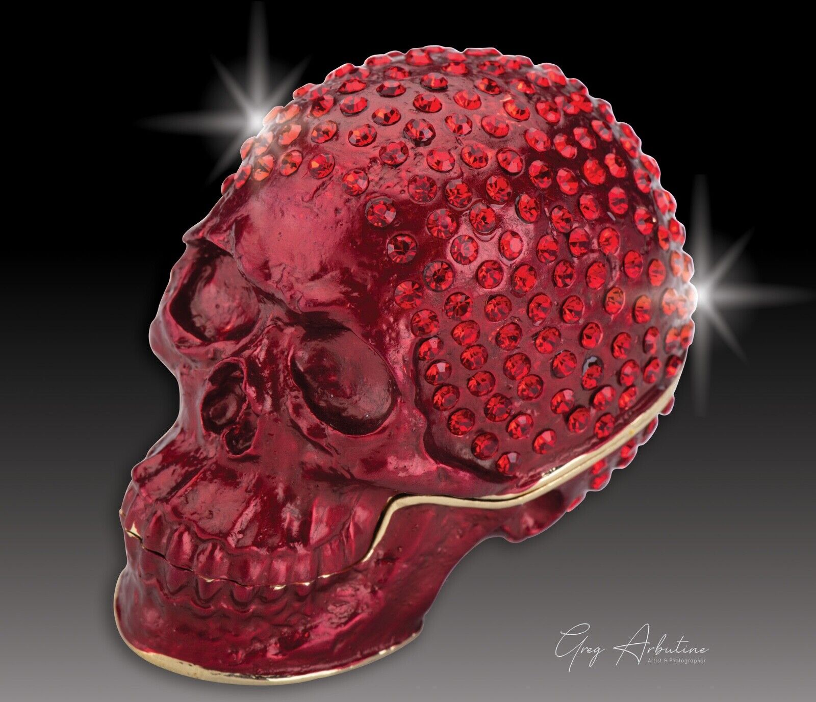 Artist Greg Arbutine Metal Red enameled Skull Box with red colored crystals