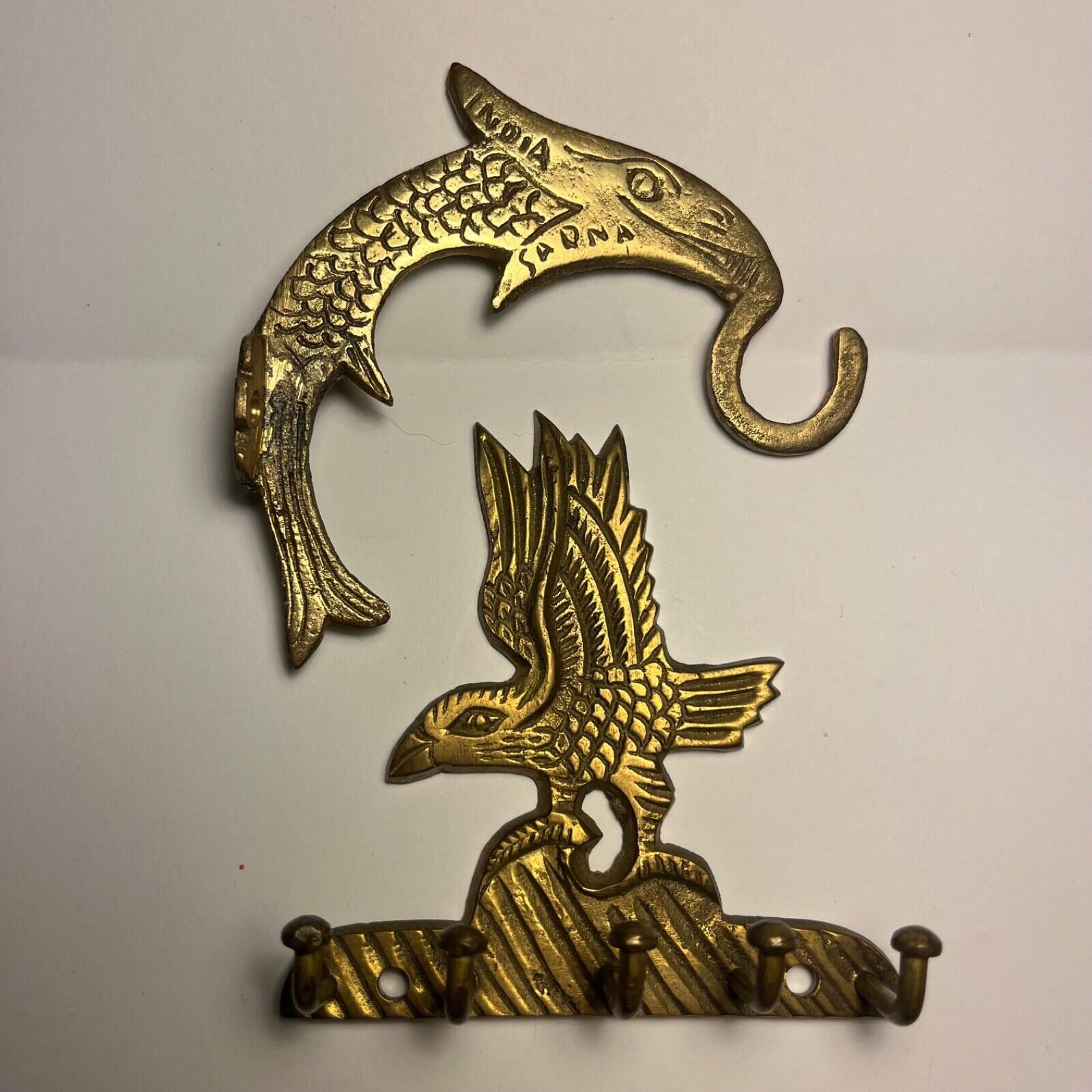 Vintage Solid Brass Eagle and Sarna India Fish Hooks