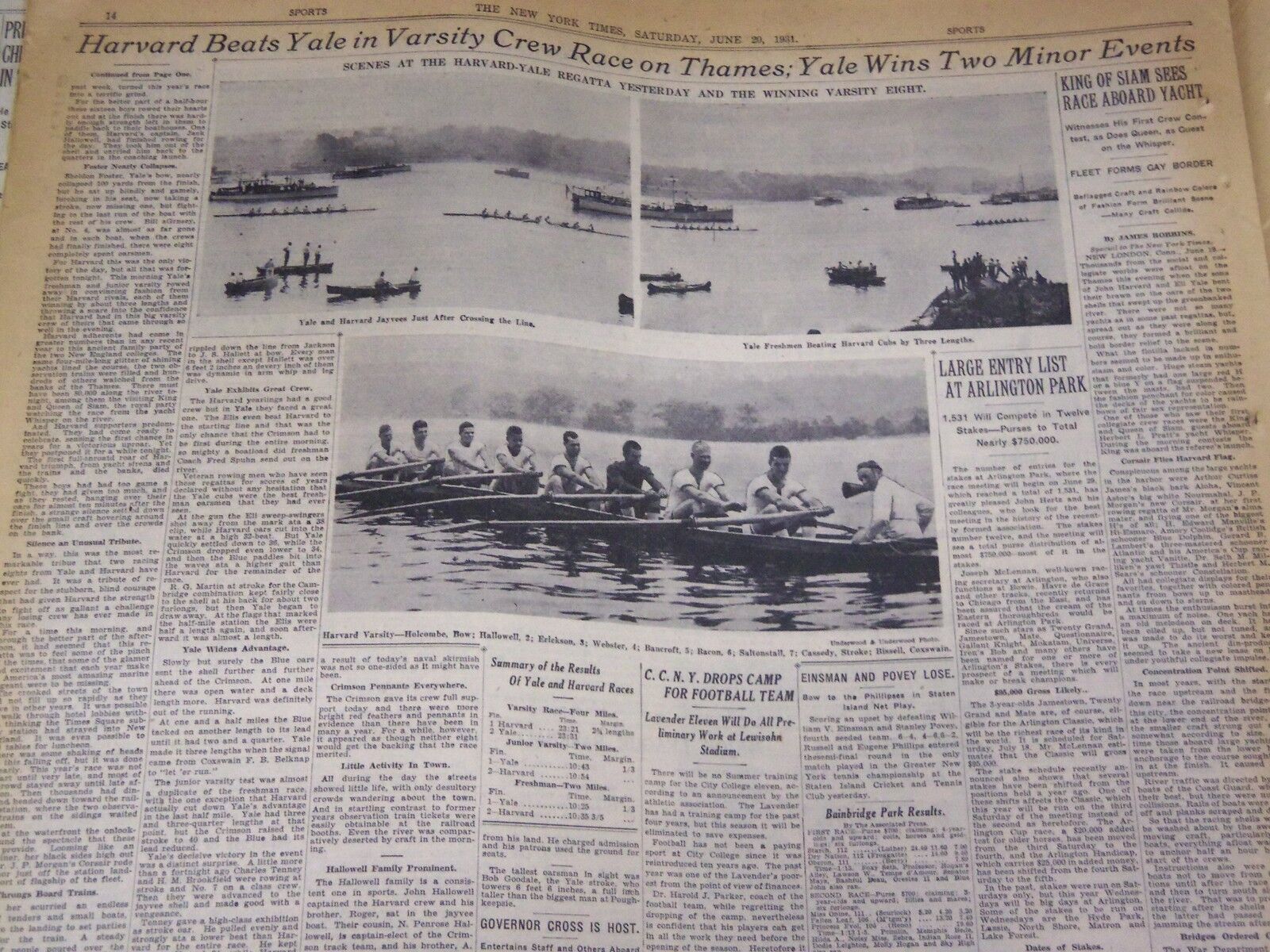 1931 JUNE 20 NEW YORK TIMES - HARVARD OARSMEN DEFEAT YALE - NT 3959