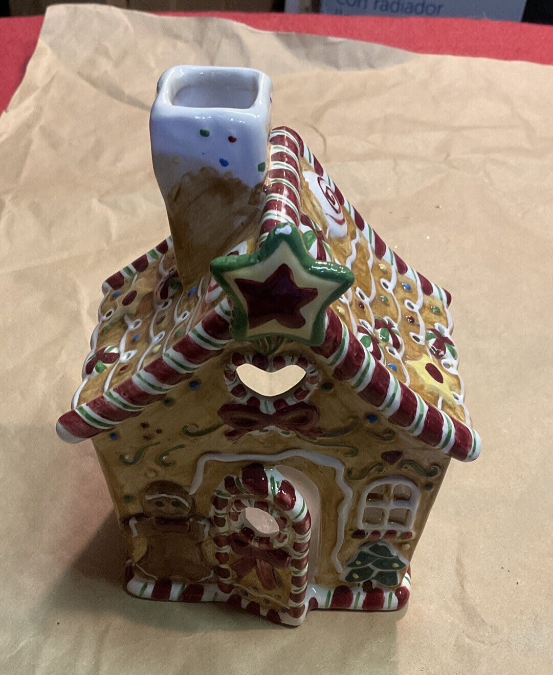 Ceramic Christmas Gingerbread House Candle Holder. 6” Height