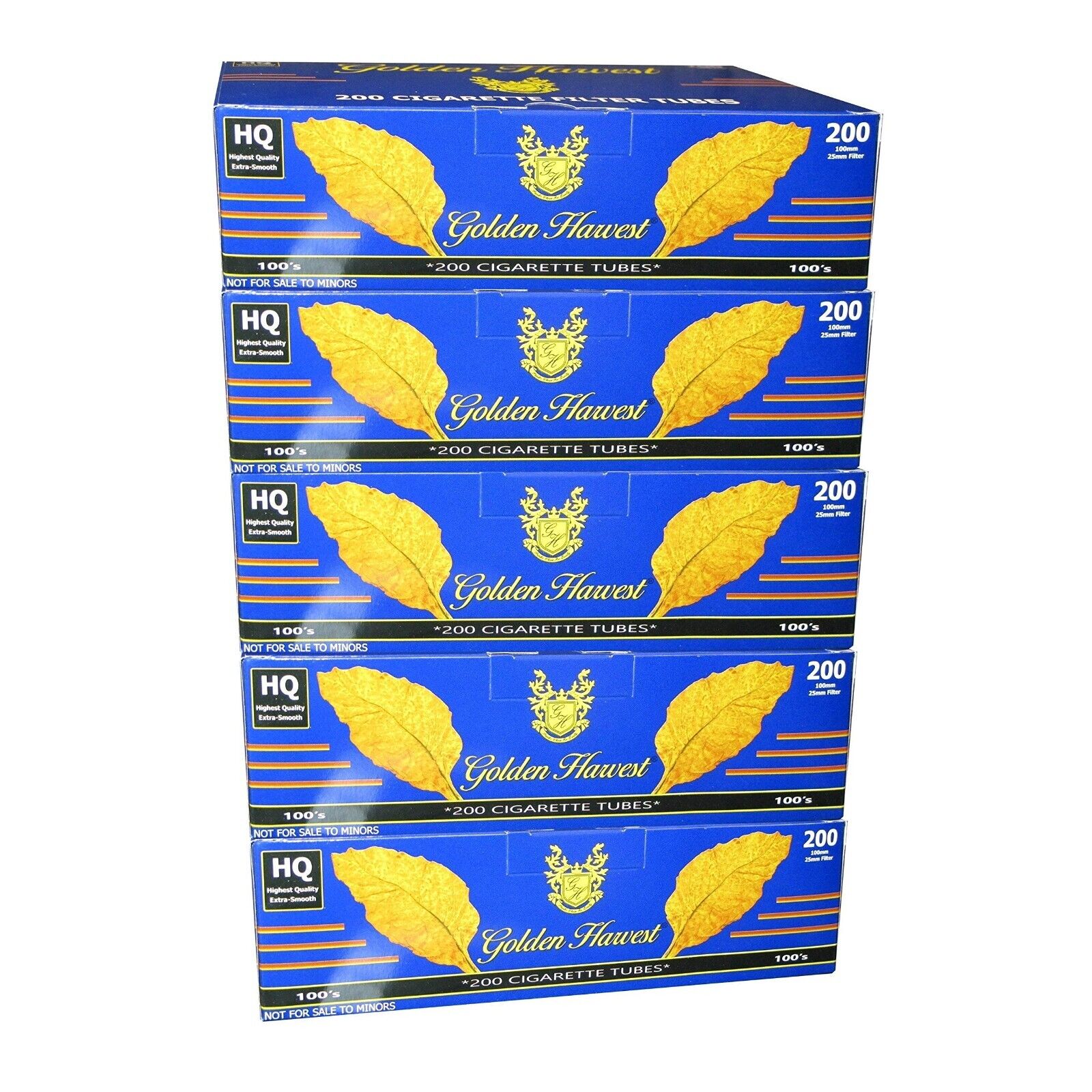 Golden Harvest BLUE 100mm Cigarette Tubes 200 Count Per Box [5-Boxes]