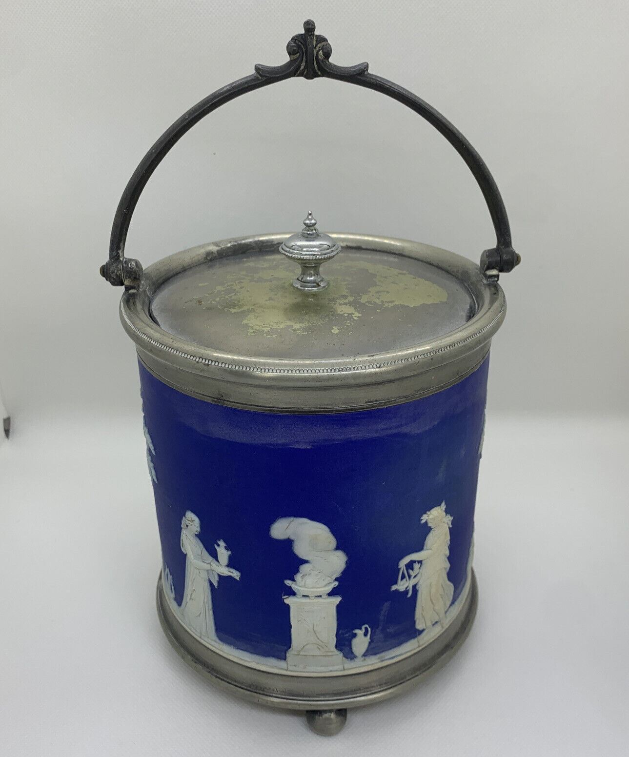Wedgwood Blue JASPERWARE Antique Biscuit Barrel Jar & Silver Lid ~ Circa 1800’s
