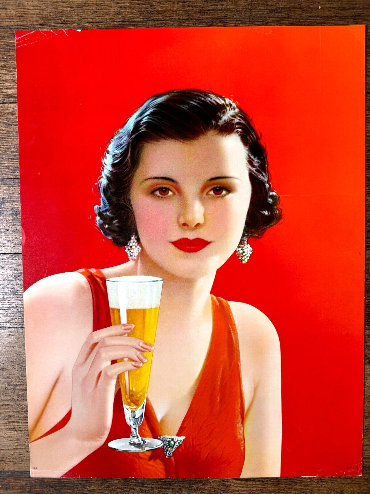 Vintage Litho 1940-50's Woman Holding A Beer- Great Condition