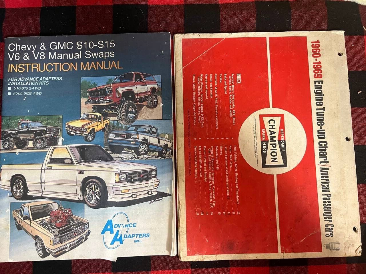 1960-70s LOT OF 2 CHEWY GMC MANUAL SWAPS & CHAMPION ENGINE TRUE UP CHART CARS C3