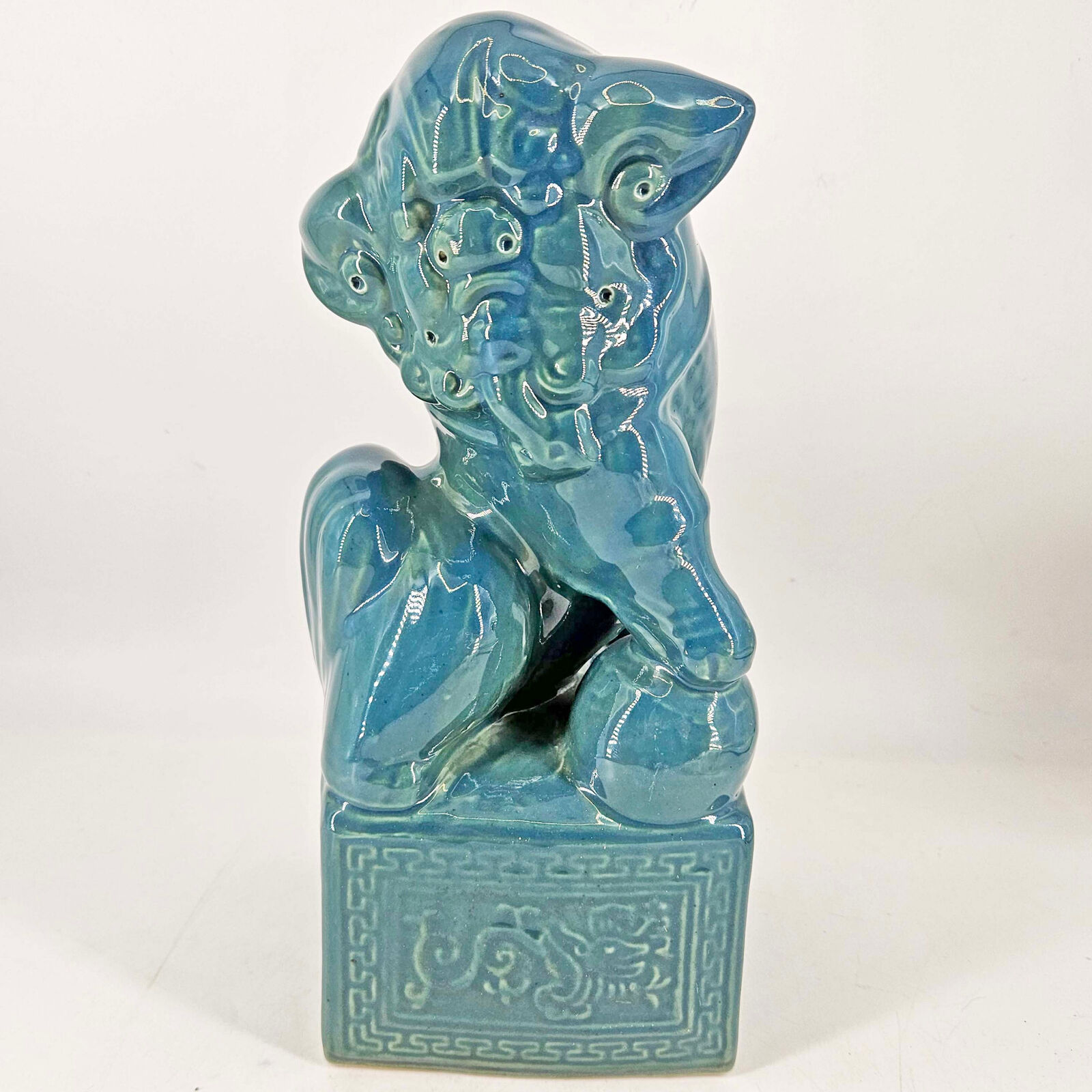 Vintage Style Chinese Foo Dog Lion Teal Majolica glazed ceramic Asian Feng Shui