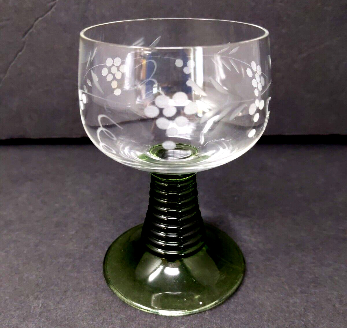 VTG 70\'s German Crystal Wine Goblet Glass Beehive Green Stem Etched Grapes