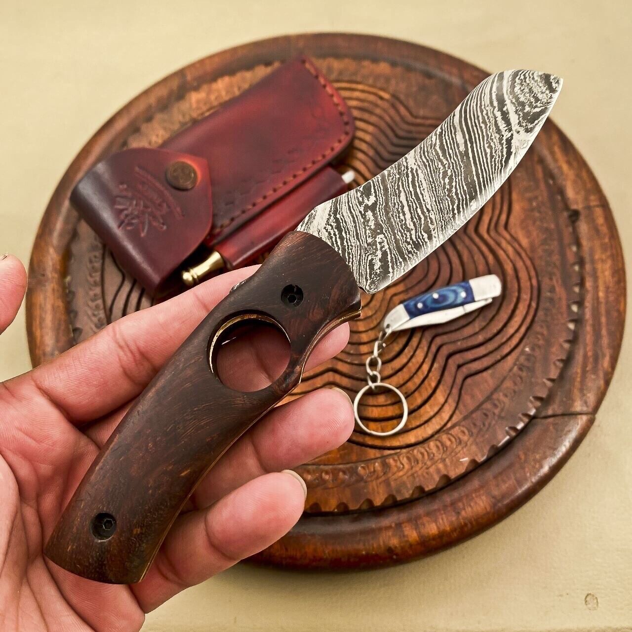Handmade Damascus Cigar Cutter Knife With Wooden Handle , Damascus Folding Knife