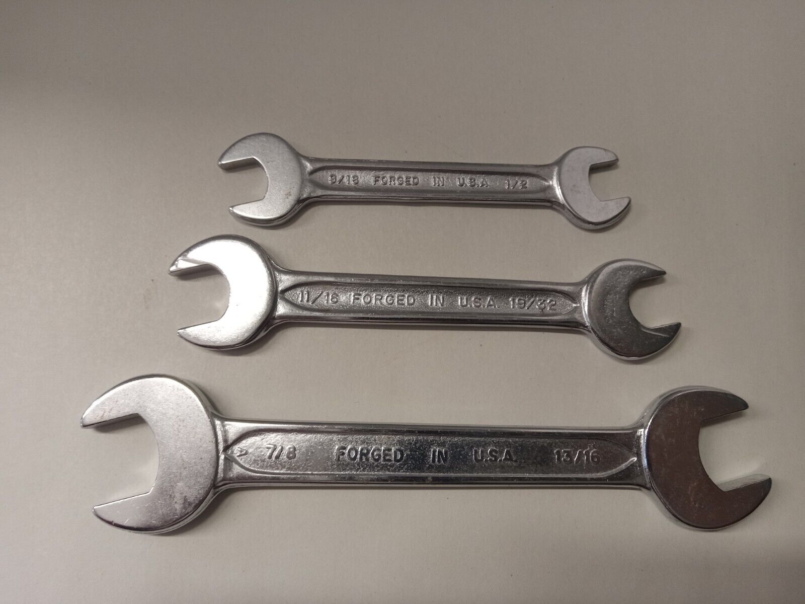 3 Vintage Westline Open End Wrenches 7/8-13/16, 11/16-19/32, 9/16-1/2, USA 