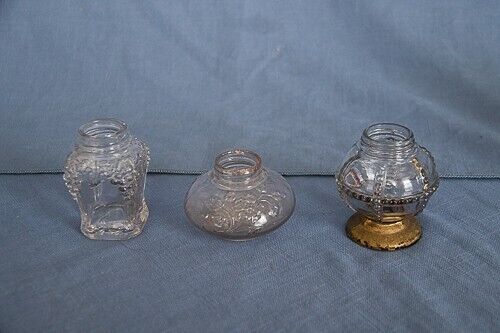 Three Vintage Miniature Kerosene Lamp Body Fonts Crystal Glass Embossed Floral